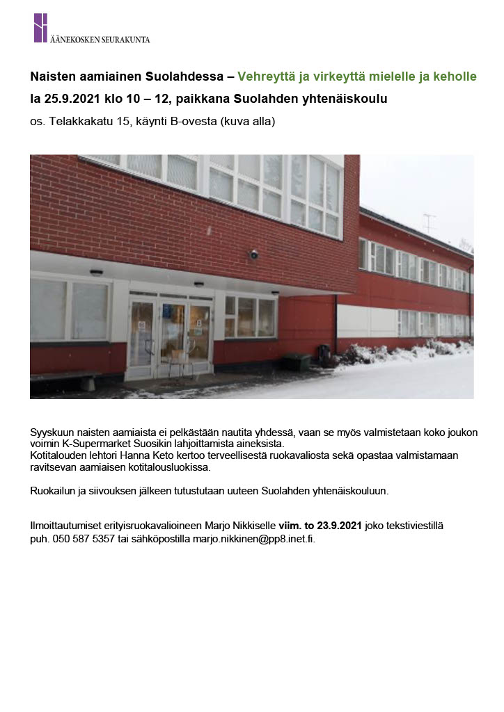 Naisten aamiainen Suolahden yhtenäiskoululla Mainos Naisten aamiainen