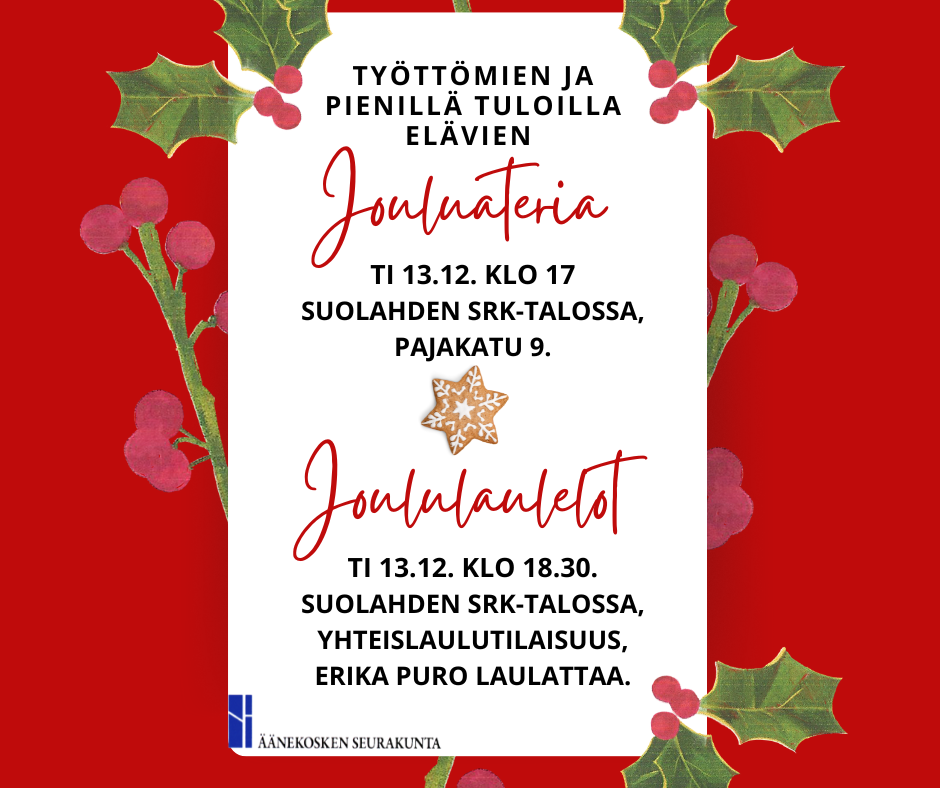 ti 13.12. klo 17 jouluateria ja klo 18.30 joululaulelot Suolahden srk-talossa