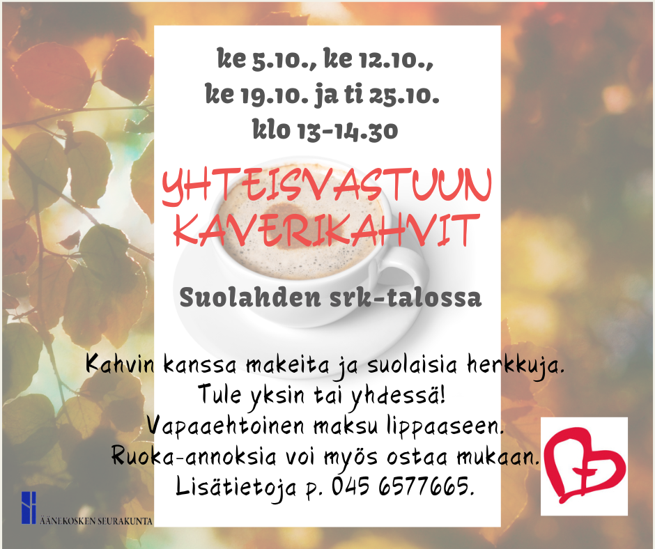 Yhteisvastuun kaverikahvit Suolahden srk-talossa 5.10 klo 13-14.30
