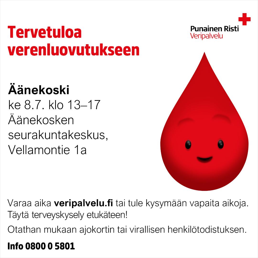 Tervetuloa verenluovutukseen ke 8.7. klo 13-17 Äänekosken seurakuntakeskukselle, Vellamontie 1a