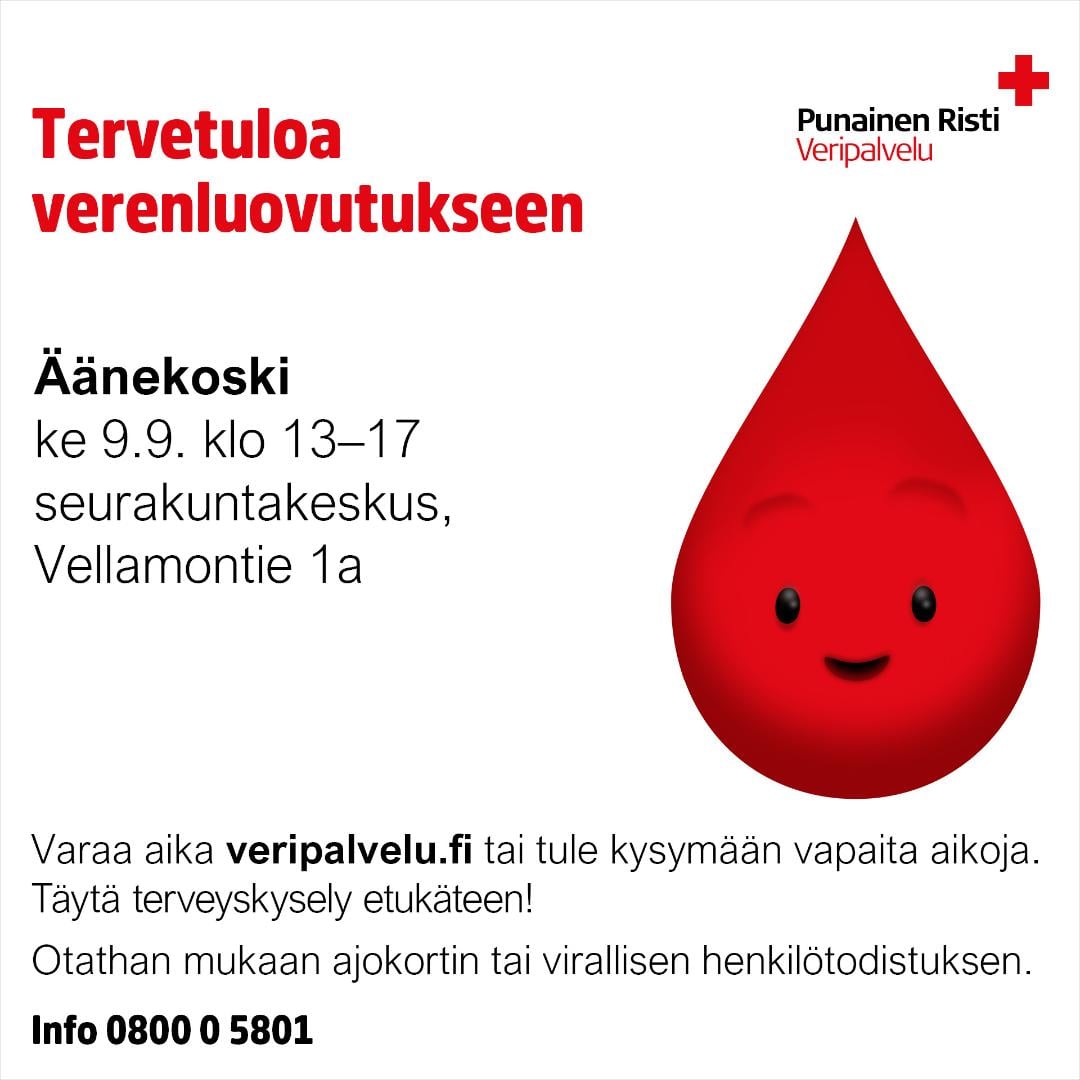 Tervetuloa verenluovutukseen Äänekosken seurakuntakeskukselle ke 9.9. klo 13-17