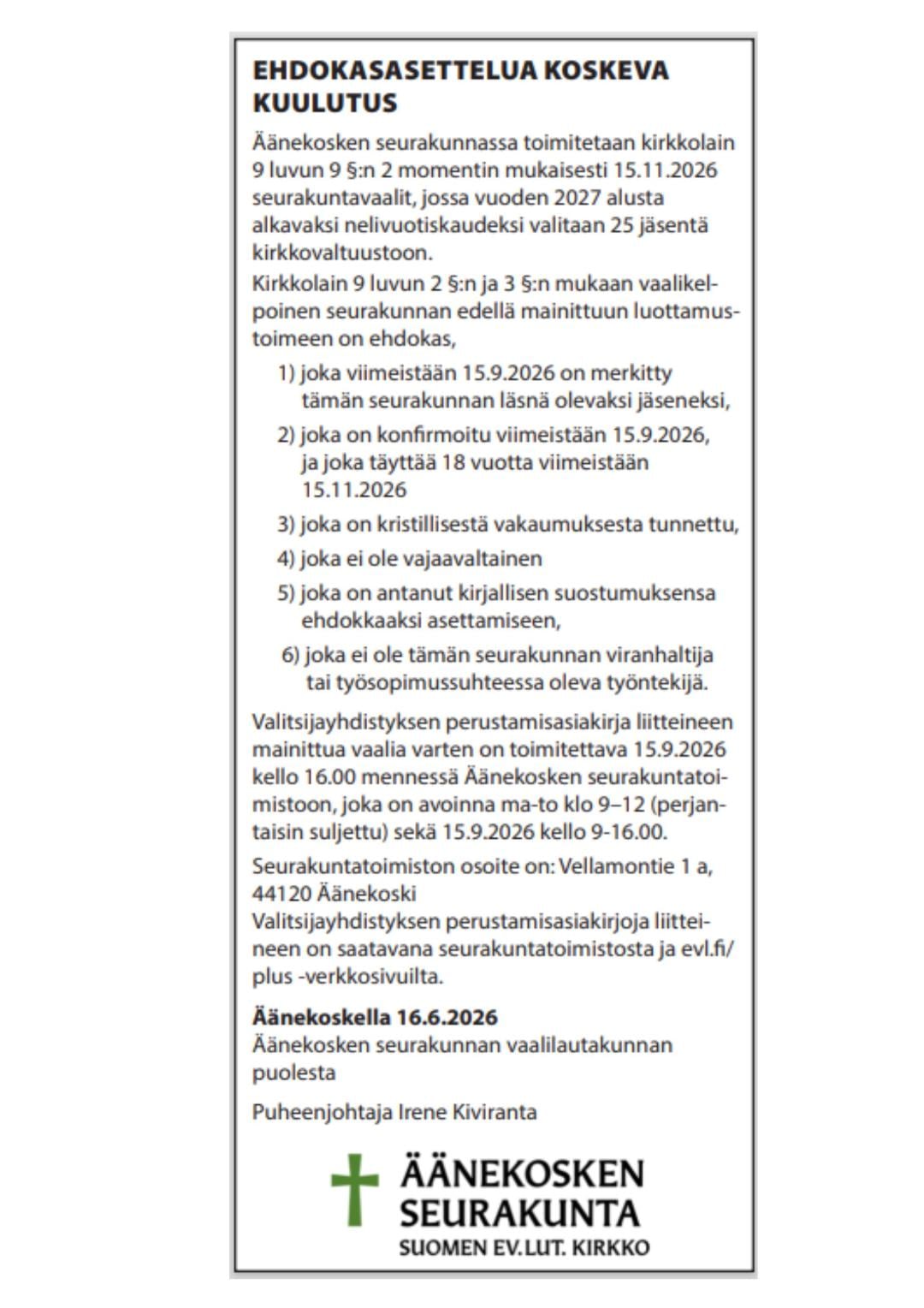 Ehdokasasettelua koskeva kuulutus