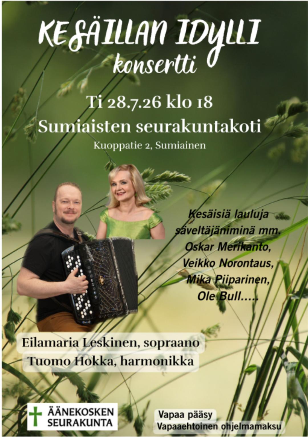 Kesäillan idylli -konsertti ti 28.7. klo 18 Sumiaisten seurakuntakodilla