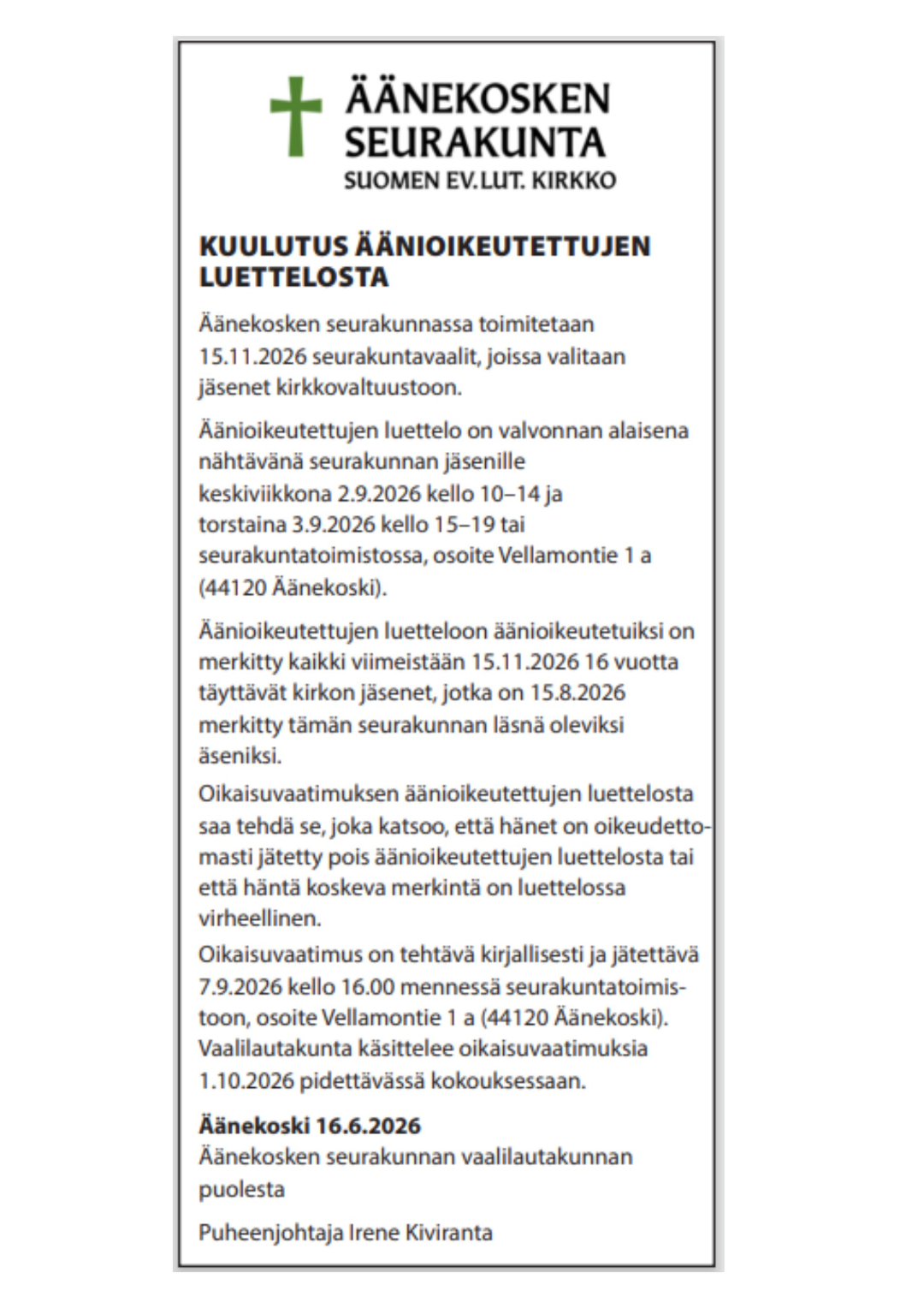 Kuulutus äänioikeutettujen luettelosta
