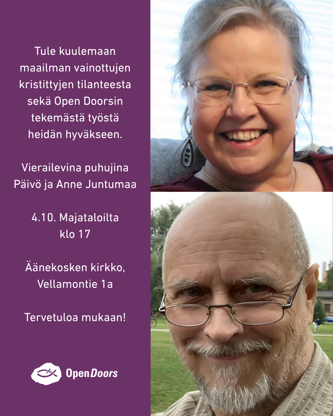 4.10. klo 17 Majataloillassa Open Doorsista Päivö ja Anne Juntumaa