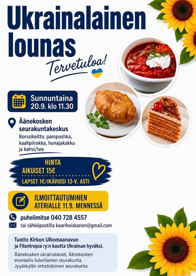 Ukrainalainen lounas su 20.9. klo 11.30. Ilm. 11.9. menn. p. 040 728 4557 tai kaariheiskanen@gmail.com